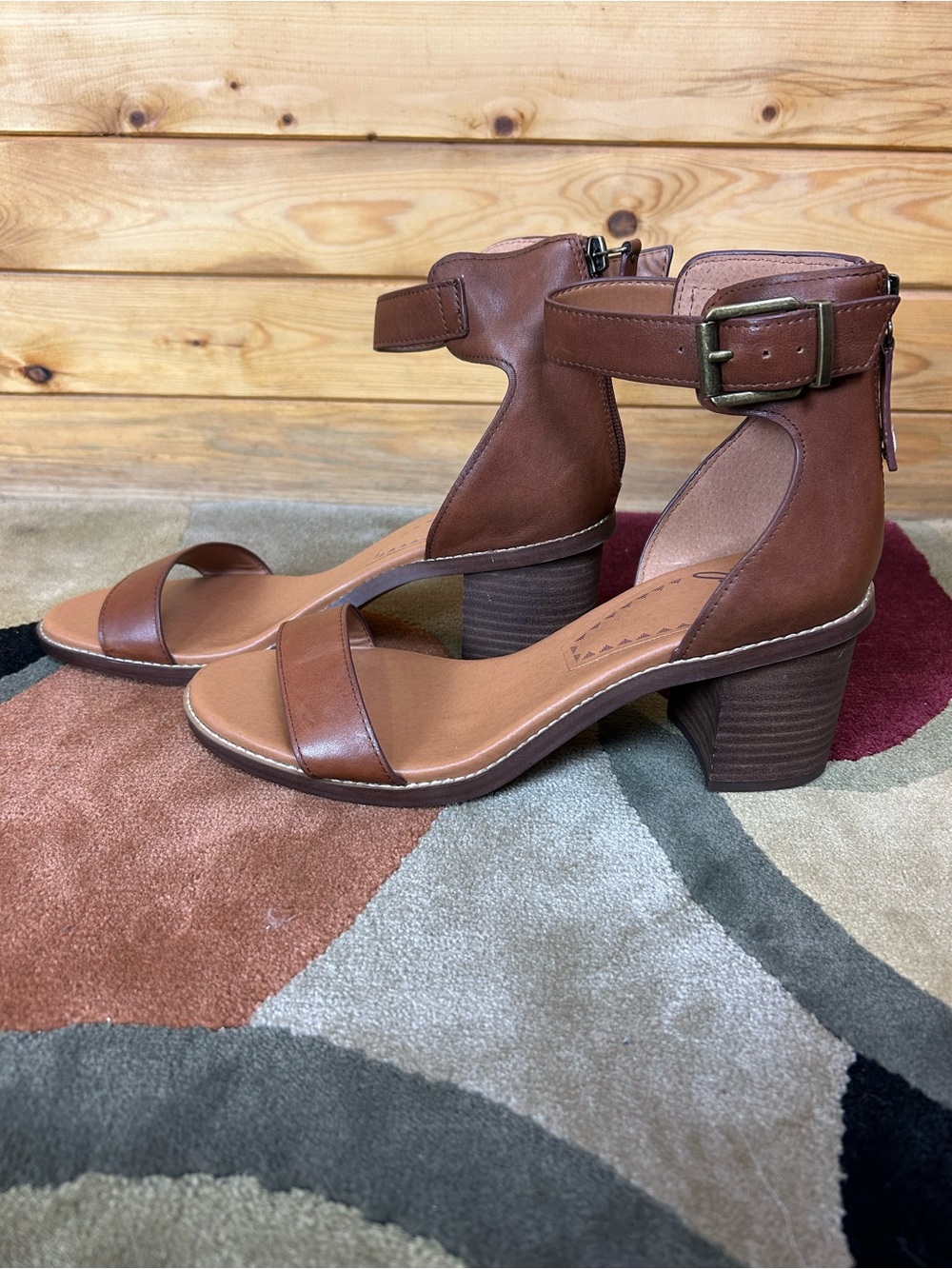 Zodiac Brown Leather Ankle-Strap Block Heel Sandals